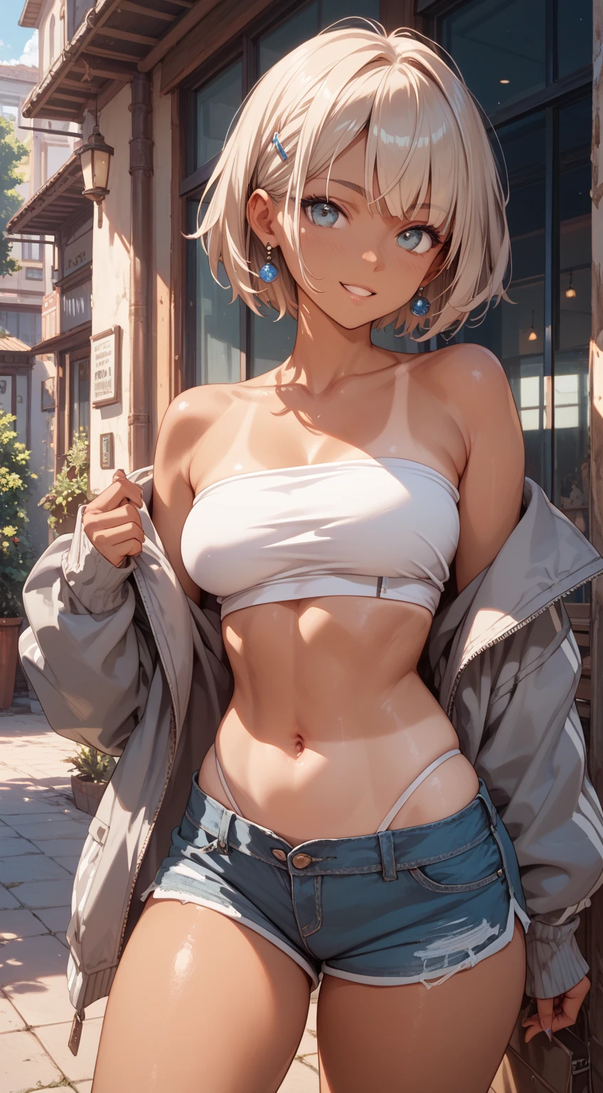 ((((masterpiece, best quality, high resolution)))), Extremely detailed 8K, Beautiful girl with voluptuous body, (Ultra HD, Ultra-detailed, Highly detailed, Highly realistic, Ultra-realistic, photograph realistic), (1girl:1.5), (Realistic white hair), (short silky hair, hair ornaments, earrings), (dynamic poses), facing at camera, looking at viewer, (blushing red, embarrassed, exhausted, smirk), (bright red eyes, sharp eyes), (small perky breasts:1.2), (wide hips:1.2), (beautiful detailed face, beautiful detailed eyes), ((white bikini)), (detail pussy), (standing up:1.3), sweat, glow, (sunbeam, sunlight), ((cowboy shot)), beach, seductive, glistening sweat