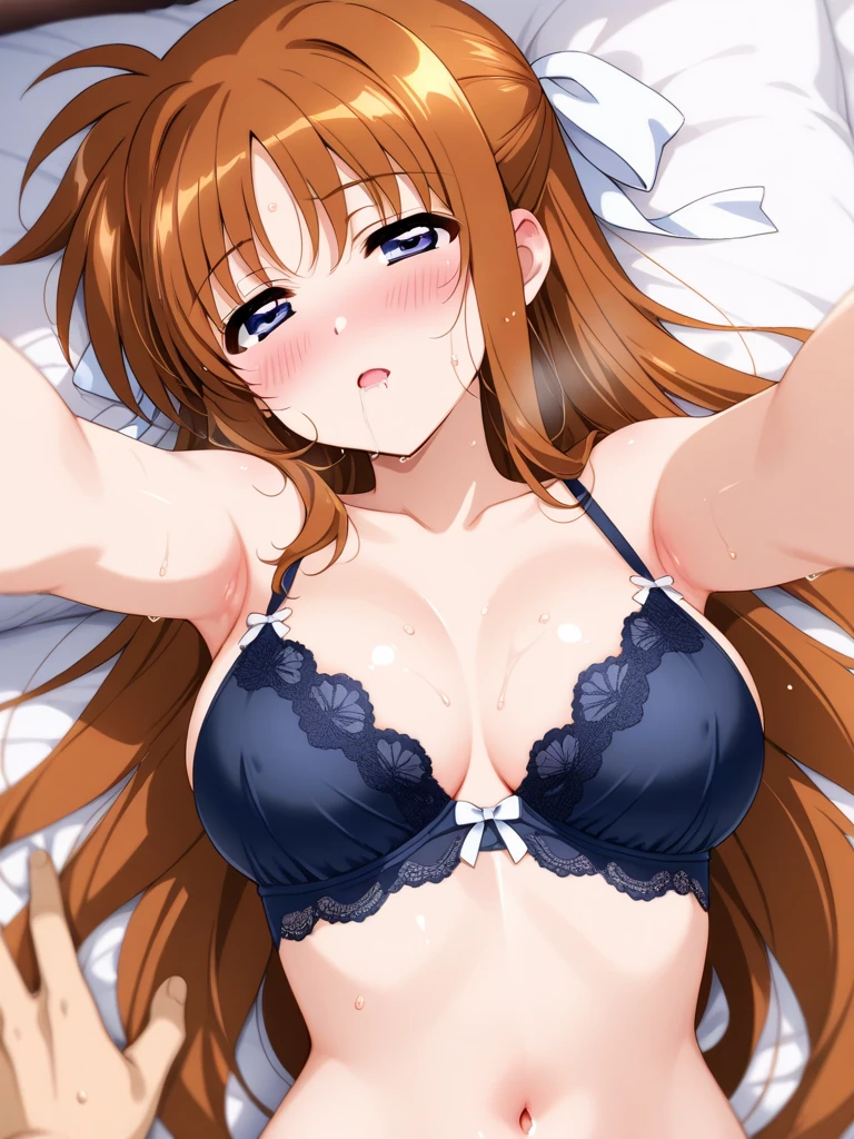 Huge , Busty, best quality, (masterpiece:1.2), highly detailed, bra, lingerie ,hands up, 1girl,  kotegawa nanaka, sleeping, sleep, closed eyes, lying arround bed, bedroom, bed, pillow, light smile, brown hair, long hair, indoor, room, close up, panties, cleavage