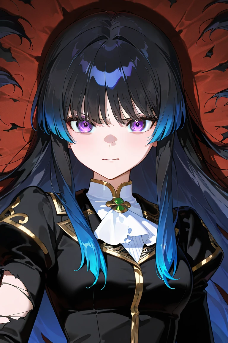 Priestess, black long hair, dark circles under eyes, cold eyes, narrowed eyes, purple eyes, black long flowing garments, wide smile, covered in blood, slightly, ominous feeling, , laying on table,,