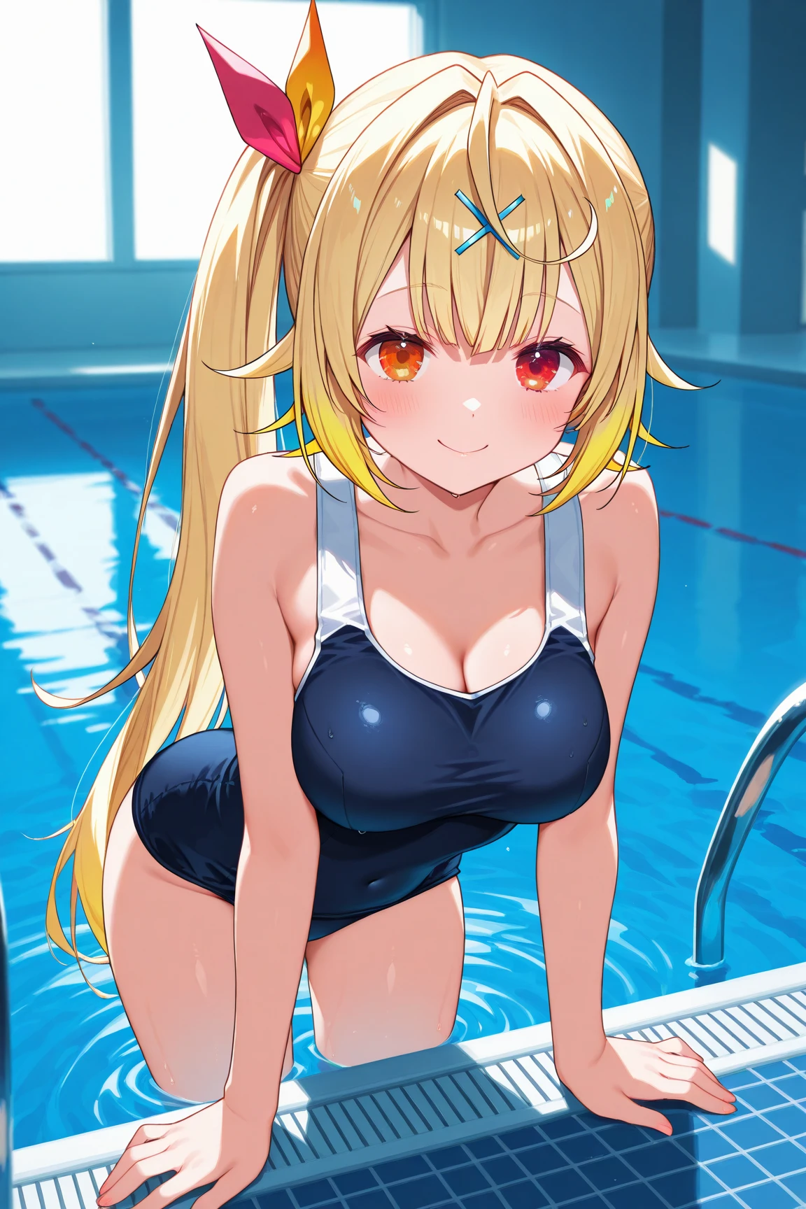 1 girls, Ogata kanna, masterpiece, best quality, high quality, beautiful, swimming pool, a girl, shy, embarrassed, sitting on the floor, legs spread, looking at viewer, long hair, ponytail, hair over one eye, blonde, blue eyes, eyes open, slant eyes, fair skin, glamorous, voluptuous, curvy, toned body, beautiful breasts, competition swimsuit, blush, with fox ears, 20-year-old, white background, cowboy shot, dutch angle shot, from above, golden ratio