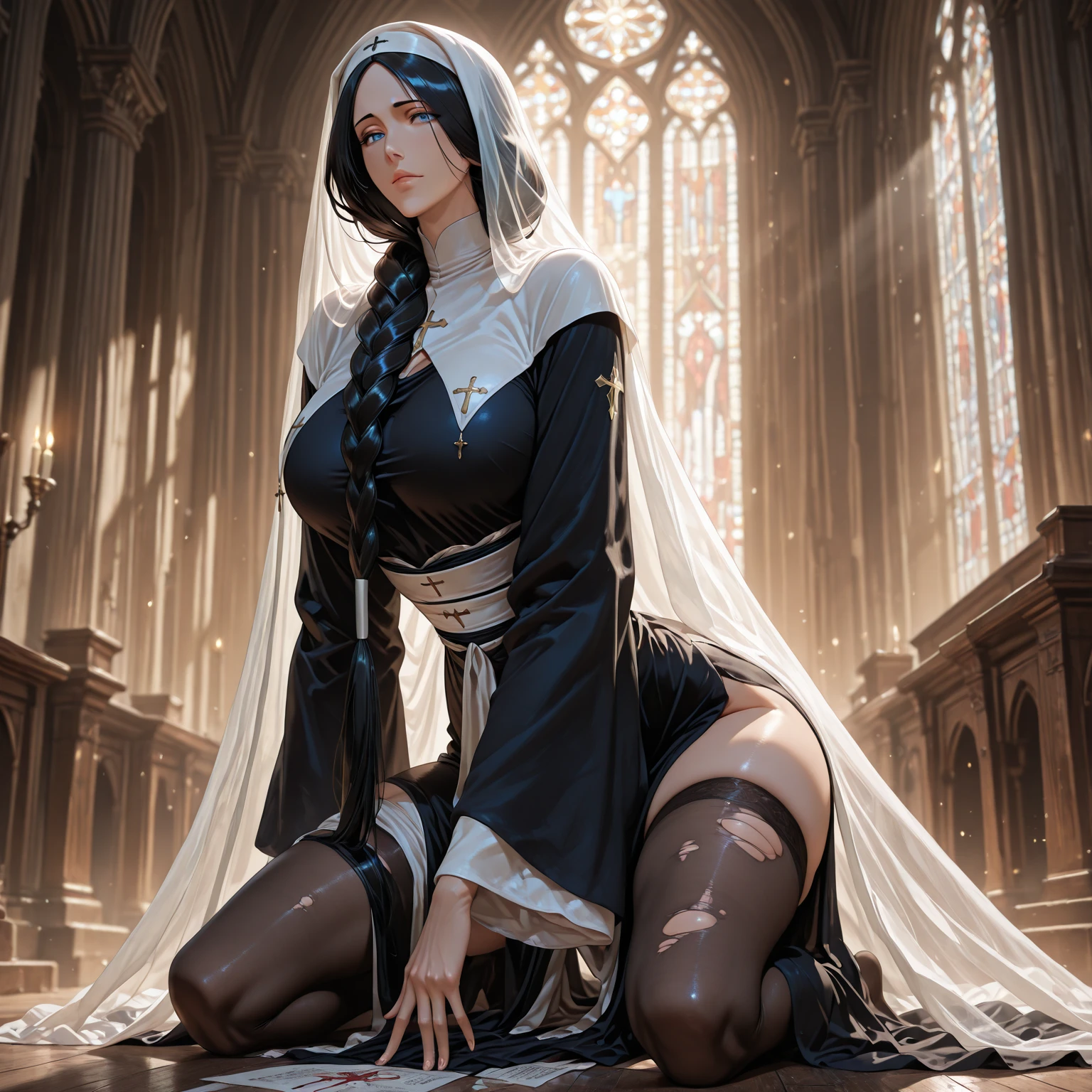 (high resolution, The pixels are perfect, luxurious illustration), (hyper qualit, Masterpiece, Ethereal: 1.4), (((see-through Tabad:1.4))),nun,(((Completely naked ))),(((kneeling))),((((one Hand covering crotch)))),(Dripping milk),in church),((Naked Carmelto)),Mature female,Black areola,female pubic hair,(((The breasts seem to overflow from Tabad))),wetted skin, (((A MILF: 1.4))), (Curvy:1.35),((((Dark skin)))),Long hair,Curvy physique, Thick body,((Sexual suggestiveness)),((blush)),((open mouth)),high-heels