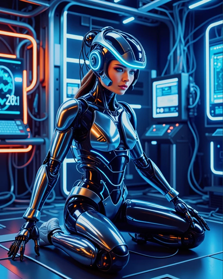 complex 3d render ultra detailed of a beautiful porcelain profile woman android face,cyborg,robotic parts,150 mm,beautiful studio soft light,rim light,vibrant details,luxurious cyberpunk,hyperrealistic,anatomical,facial muscles,cable electric wires,microchip,elegant,octane render,H. R. Giger style,8k,best quality,masterpiece,illustration,extremely detailed,CG,unity,(realistic, photo-realistic:1.37),Amazing,finely detail,masterpiece,best quality,official art,absurdres,incredibly absurdres,robot,silver halmet,full body,sitting,dynamic pose,wind,laboratory,binding,neon light,minimalism,dim lighting,
