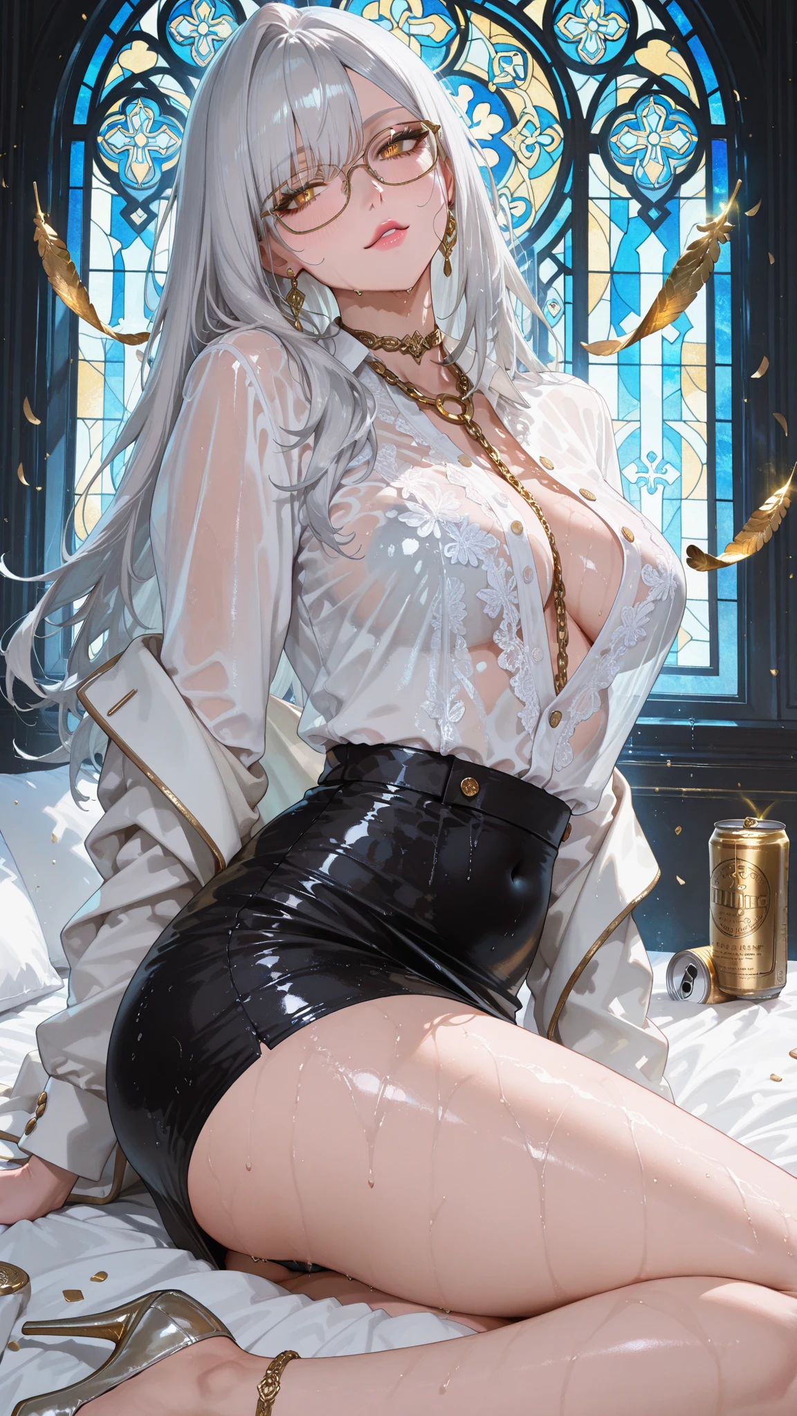(masterpiece:1.2), (highest quality:1.2) , One girl , Big Breasts, church, Cowboy Shot, Are standing, Rainy,
(Muscular:0.8), Crystal Gradient Eye, sunlight, ,From above,Kneel, in a sheer see through wet White shirt,
(Silver Hair:1.25), Gray Hair, Sharp focus, Severe, Disheveled long hair,White shirt,Open clothes, {Fascinating}, ++, Starry Eyes,