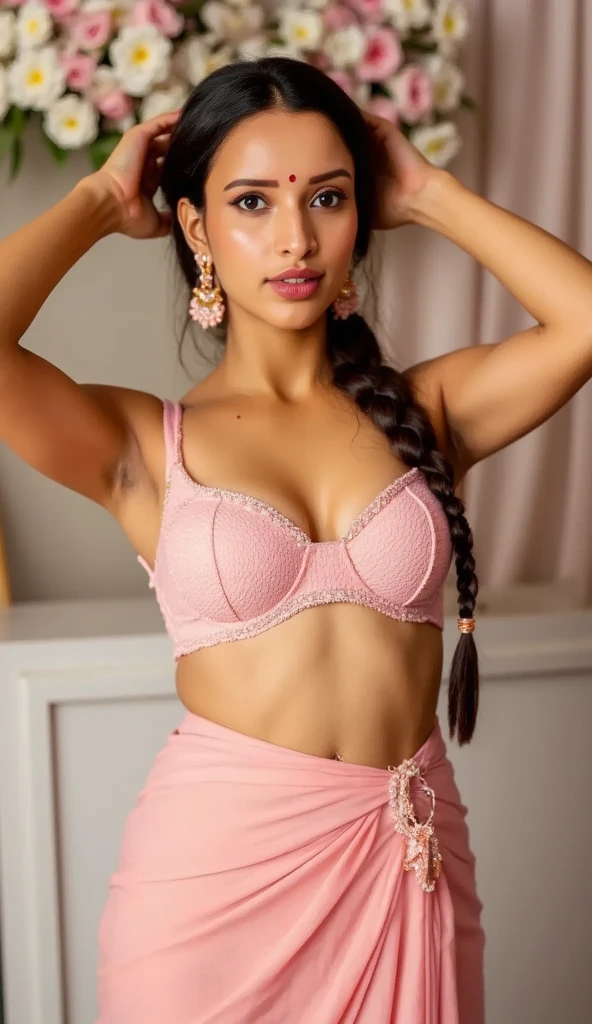 Rania, 1girl, solo, ((Egyptian woman)), consistent face and body, ((MILF)), ((30 years old)), (mature), ((slim)), ((Egyptian face)), (Egyptian nose), (Egyptian lips), ((long straight hair)), upper body and upper legs, (((background: printed wardrobe))), BREAK, (wearing pastel bra top and shorts), smirking, teasing
