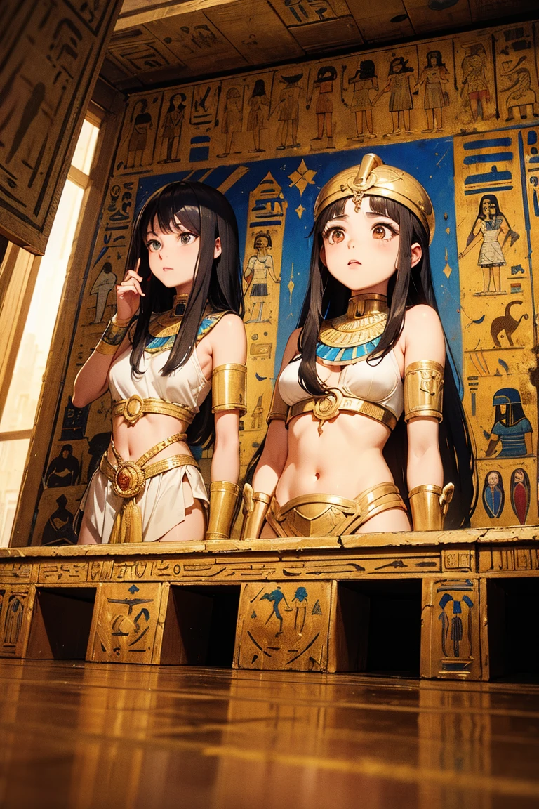 ancient Egypt, 12 years old, 1girl, night, glow eyes, brown eyes, see-through ancient egyptian dress, flat chest, short brown hair, best quality, show off breasts, show off nipples, bare nipples, topless, puffy nipples, pussy juice, {{{vulgarity}}}, Horus