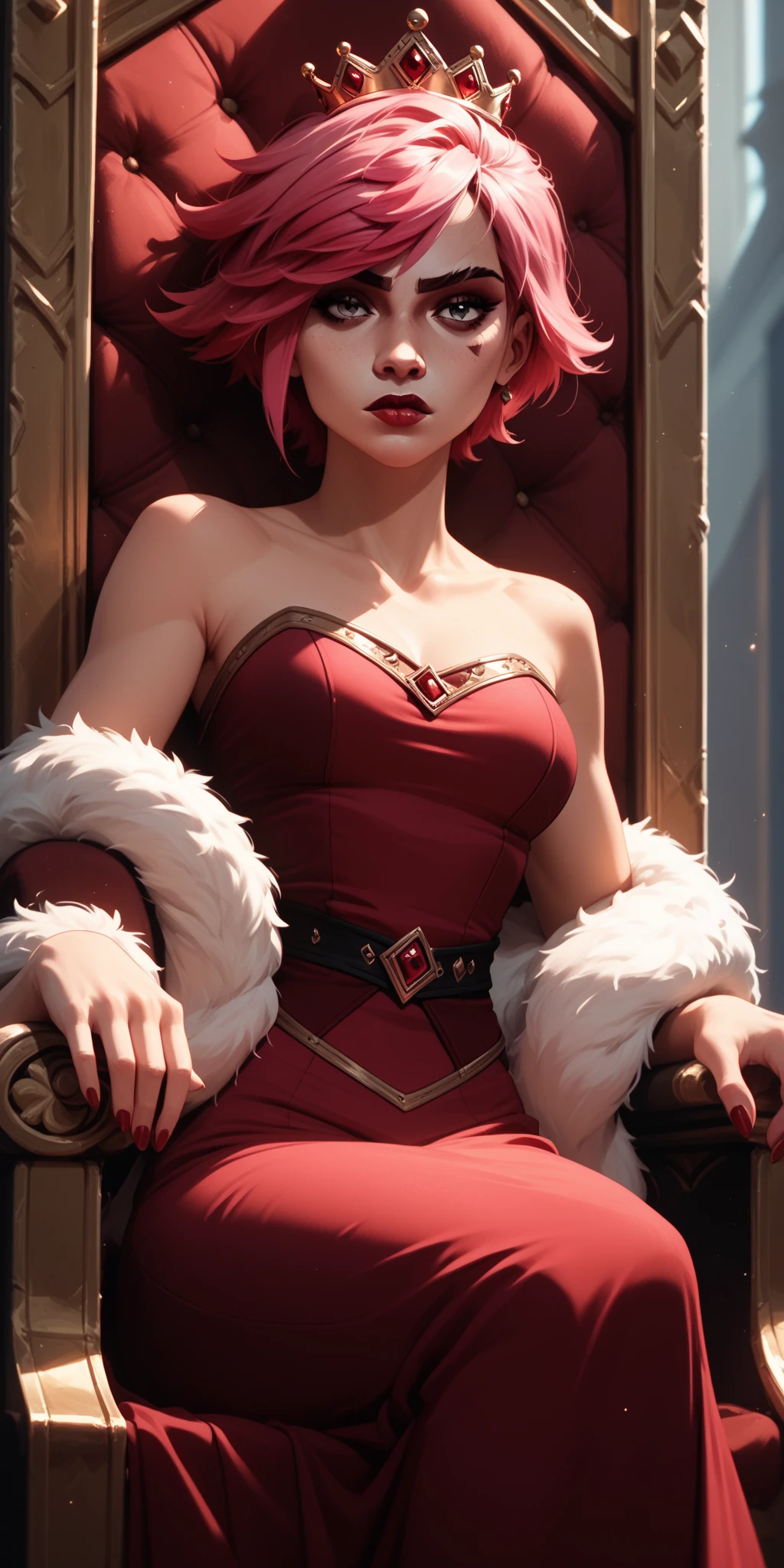 masterpiece, best quality, landscape full of flowers, a woman with red hair and fair skin as snow, she has eyes of strong red color, high nose and red lips, her appearance was not easily forgotten as soon as they saw her, and her body was as good as her face, deep collarbones and thin wrists and ankles, Even her body was also beautiful, she is a woman with a perfect appearance.