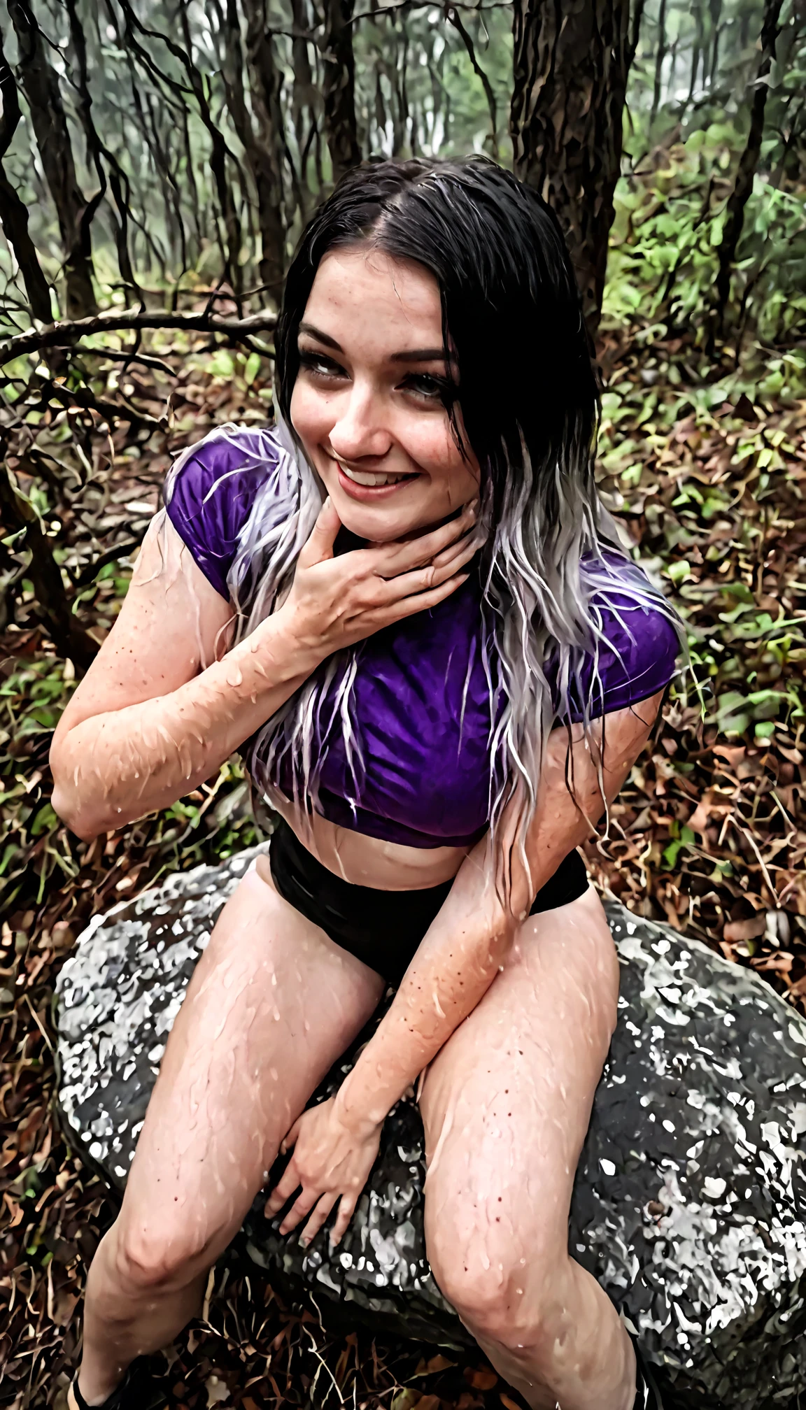 ((best quality)), ((masterpiece)), (detailed), perfect face, perfect hour glass figure, nude 27 year old got? girl with black hair with purple streaks worn in pigtails, nose ring, ear piercings, sitting on the ground, in a circular clearing in a forested area, dramatic angle