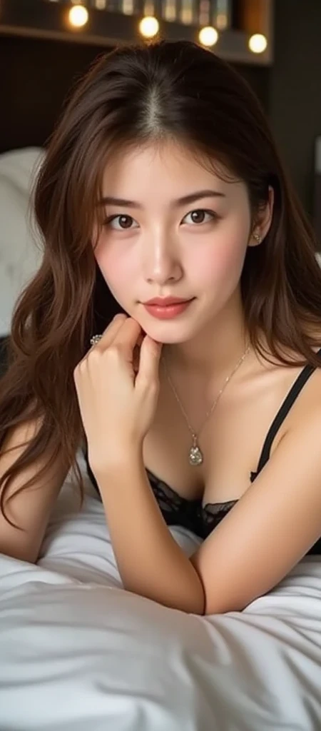 (table top:1.3), High resolution, super detailed, Highly detailed CG Unity 8K wallpaper, realistic, Photoreal, Raw photo, beautiful and detailed face, pale skin, realistic glowing skin, fine cloth texture, detailed hair texture, perfect body, beautiful face, Accurate, anatomically correct, Highly detailed face and skin texture, natural neck length, (beautiful hands), (Fair skin:1.2), thin legs, thin legs, (Satomi Ishihara)、(((Glittering big lips)))、
fine eyes, symmetrical eyes, light brown eyes, double eyelid, thin eyebrows, (glossy lips:1.4), ((worried face:1.4)), (blush:1.1),
(very cute girl:1.3), (Black sexy lingerie:1.2),
medium breasts:0.5, cleavage:0.125, (firm chest, well-shaped chest, slender body shape:1.1), toned abdominal muscles,
(dark brown hair, wavy hair, medium long hair:1.2), ((flowing bangs:1.2)),
((sit:1.3)),
((on the bed, At night:1.3)), (full body shot:1.2), looking at the viewer, From above,