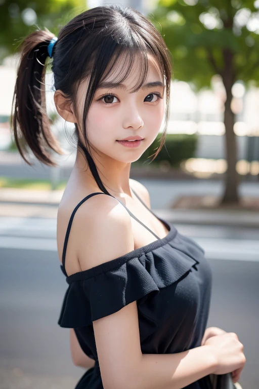 1girl, (16years old), solo, standing, (tiny body:1.2), medium breasts, upper body, from side, looking at viewer, ((masterpiece)), ((extremely detailed face)), best-quality, hyperrealistic, high-resolution, intricate detail,(beautiful detailed eyes and lips), (best-shadow an extremely delicate and beautiful), beautiful white skin, perfect anatomy, (smile:1.2), (open mouth), ponytail hair, blunt bangs, (floating hair:1.2), (blowing:1.1), good ray, off-shoulder-tops, japanese street, red sun set, good rays, backlit