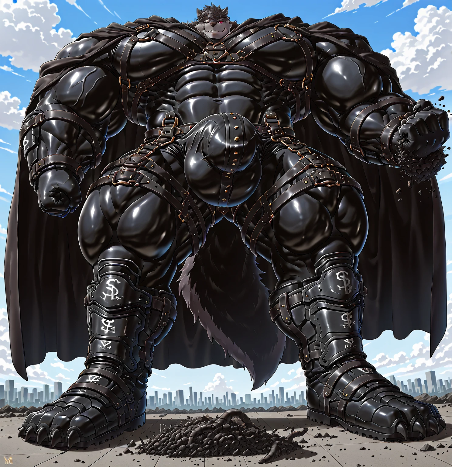 Super black lion, mus gigante, Uloso com cabelos brancos, Olhos de fogo e armadura rotuca ultra realista