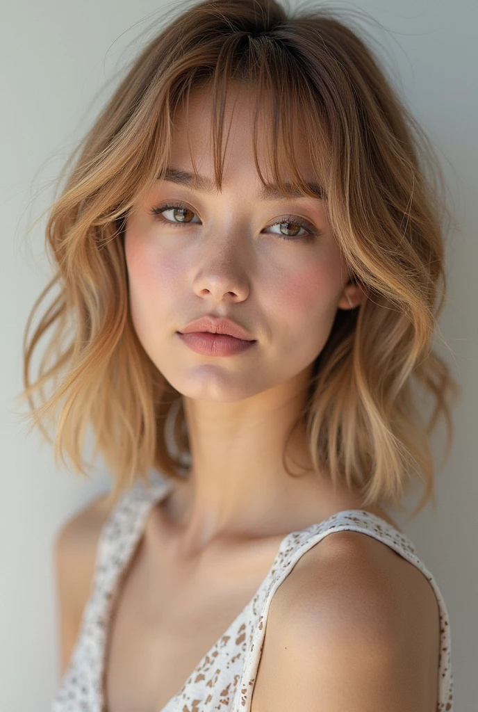 Fashion model 21 years old [[[a closeup]], [[[tiny chest]]], [[[coll]], [Shoulder]], perfect  eyes, perfect irises, Perfect lips, perfect teeth, flawless skin, Soft front light, Glow, nffsw, (soft colours:1.2)、Curly hair、highlights hair、highneck sweater