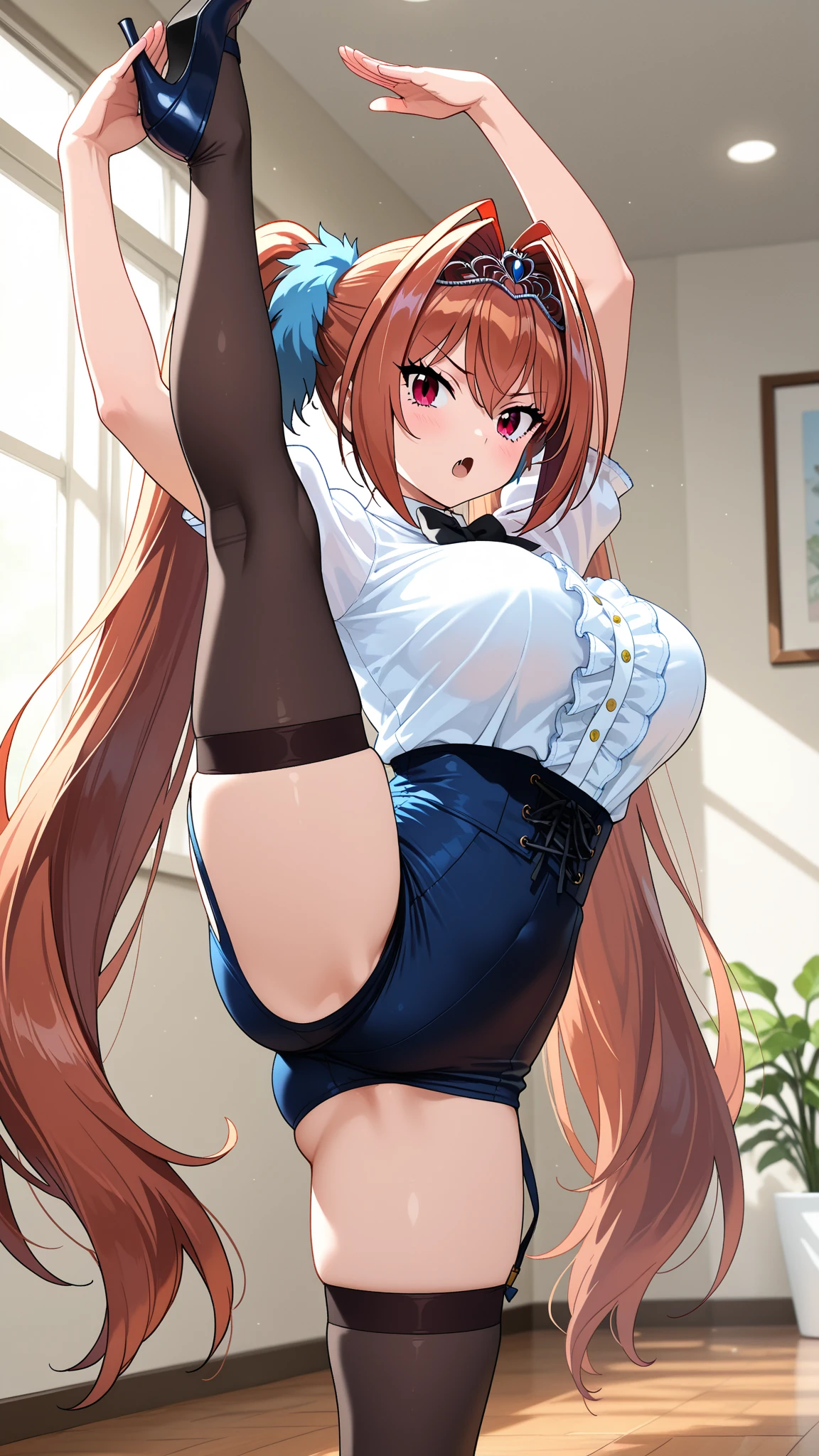 Highest quality, Very detailed, masterpiece, Ultra-high resolution, 8k, Ridiculous, Cowboy Shooting, Blurred, One Girl, Focus on the girl, Embarrassing, blush, Lovely, Tears in the eyes、Open your mouth, Drooling, Wet skirt hem, (Sticky panties:1.1), (Light blue striped underwear),Camel Toe, Put your arms behind your head, [One girl, Daiwa Scarlet \(umamusume\), umamusume], (Medium chest), (school uniform), (Cleavage), Sit on a chair, Classroom Background, (Black Stockings), (Thighs), (Waistline)
