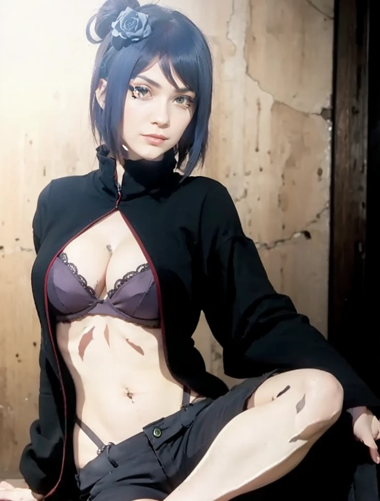 woman, woman, short hair, hair ornament, blue hair, legs , sitting on the bed , small, panties, bra, Sexual тело , underwear, Sexual , bra, panties, one flower, hair цветок, (orange eyes:1.2), (labret piercing:1.2), eyeshadow, (Akatsuki uniform:1.5), Akatsuki \(naruto\),BREAK (masterpiece:1.2), Best quality, A high resolution, unity 8k wallpaper, (illustration:0.8), (beautiful detailed eyes:1.6), very detailed face, perfect lighting, extremely detailed computer graphics, (perfect hands, Ideal Anatomy),