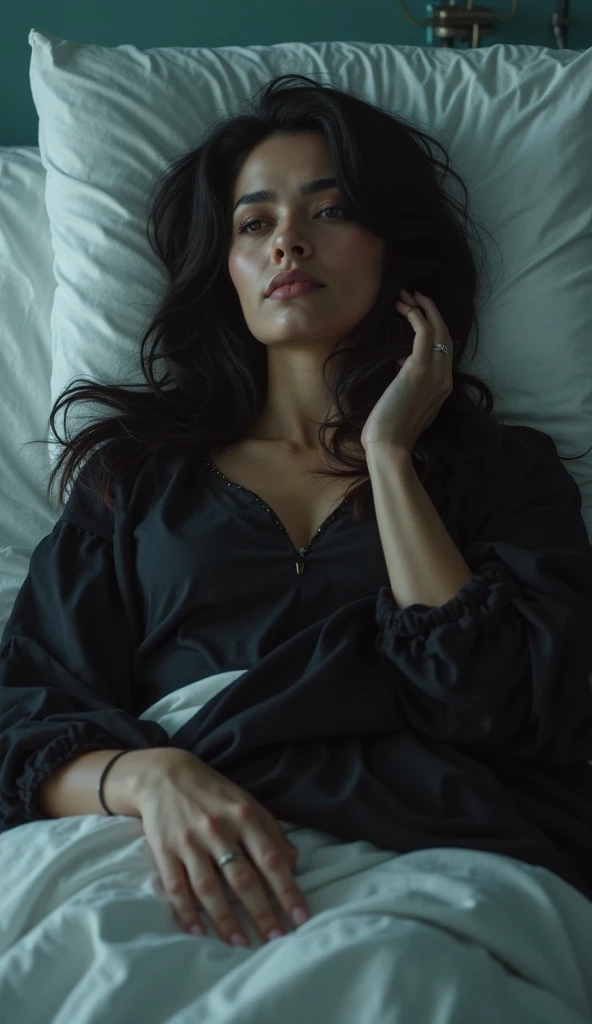 Sharp focus, darkened bedroom, long hair, dark haired woman awake, mouth slightly open