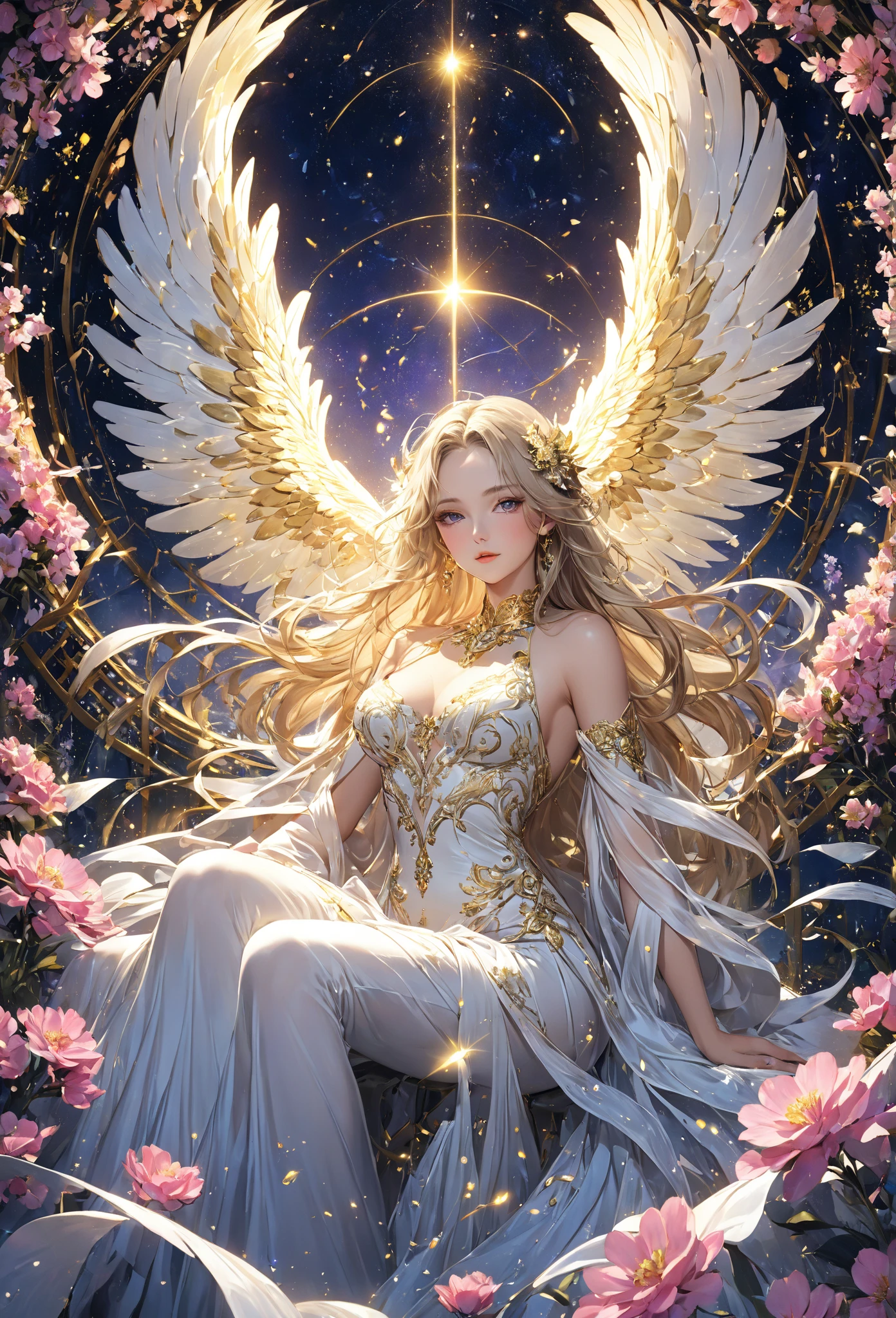 A hyper-realistic、Wings of an Angel、Fair skin、Gentle smile like a 、big out、Official art、archangel、God of Time、chronos、White and beautiful hair、White dress、starlight sky、Detailed details、ultra res、realphoto、Ornate ornament、deity々Shikai、in 8K、Delicate luster、hiquality、
