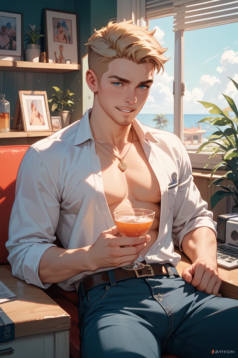 Male sitting on the couch with whiskey in their hand and the other hand rest on the couch anime