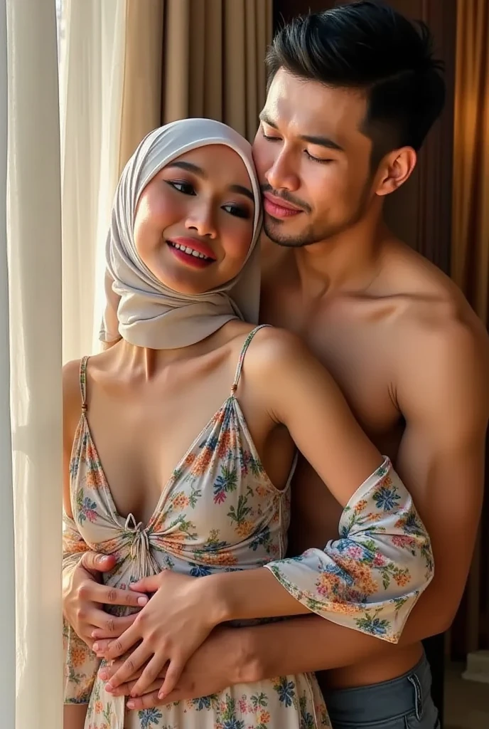 Beautiful fair skin matured indonesia girl in hijab sitting in men lap, in bedroo., seductive sexy face, 35 years old, milf, angry pose, ultra detail face, detail skin texture and wrinkle, girl bedroom, morning, wearing hijab, random teal color hijab, nude, medium breast, flat chest, wide waist, thick thighs, bright lighting, white lighting, dramatic lighting, high quality, cinematic movie shot angle and framing, weeding ring, bracelet and watch, nsfw, show pubic hair, naked, show vagina, seductive face, seductive lips, wet lips, 1 men hug from behind, sit with open leg, hugged by 1 man, seductive romantic couple, making love in bed, making out each other, penis, dense black pubic hair, seductive, making love, penis men on vagina, cowgirl position on men,