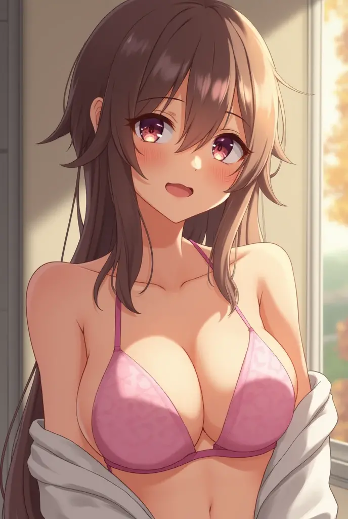 shinkai makoto, kimi no na wa., 1girl, light maroon hair, long curly hair,two strands framing her face, two strands of hair framing her face, Brown eyes, light pink lips, medium breast, pink nipples, nipples, vagina,smile :), sexy pose, arms up, cute, indoors, night, bedroom, lamp, lights off, two strands framing her face,