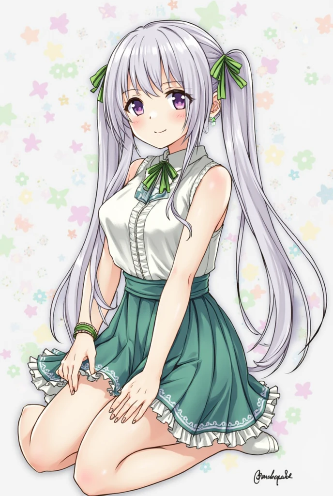 tsukumo benben,1girl, solo, hair_flower, smile, barefoot, long_sleeves, looking_at_viewer, sitting, blush, open_mouth, low_twintails, brown_dress, frilled_dress, frilled_sleeves, medium_breasts, v_arms, green_background
<lora:tsukumo_benben_image916_2023-12-20-000015:1>,star-shaped_pupils,symbol-shaped_pupils,. gorgeous,key visual, vibrant, studio anime,award-winning, professional, highly detailed,high budget, cinemascope