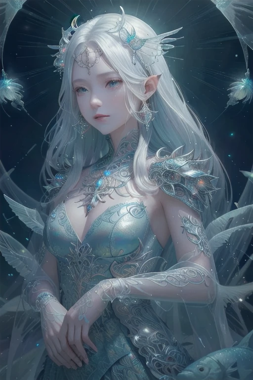 Masterpiece, High Quality, Ocean Forest, City, Fantastic Fantasy, Glowing Plants, Coral Viaduct, (Swarm of Glowing Jellyfish), (Shoal of Fish with Transparent Wings Flying in the Sky), Misty, Extreme Detail, Morning Light, Epic Composition, (Intricate Detail), (Intricate Design, Ultra Detail: 1.2), Art Station, (Masterpiece, Best Quality), Ultra HD, 32k ,castle,1girl