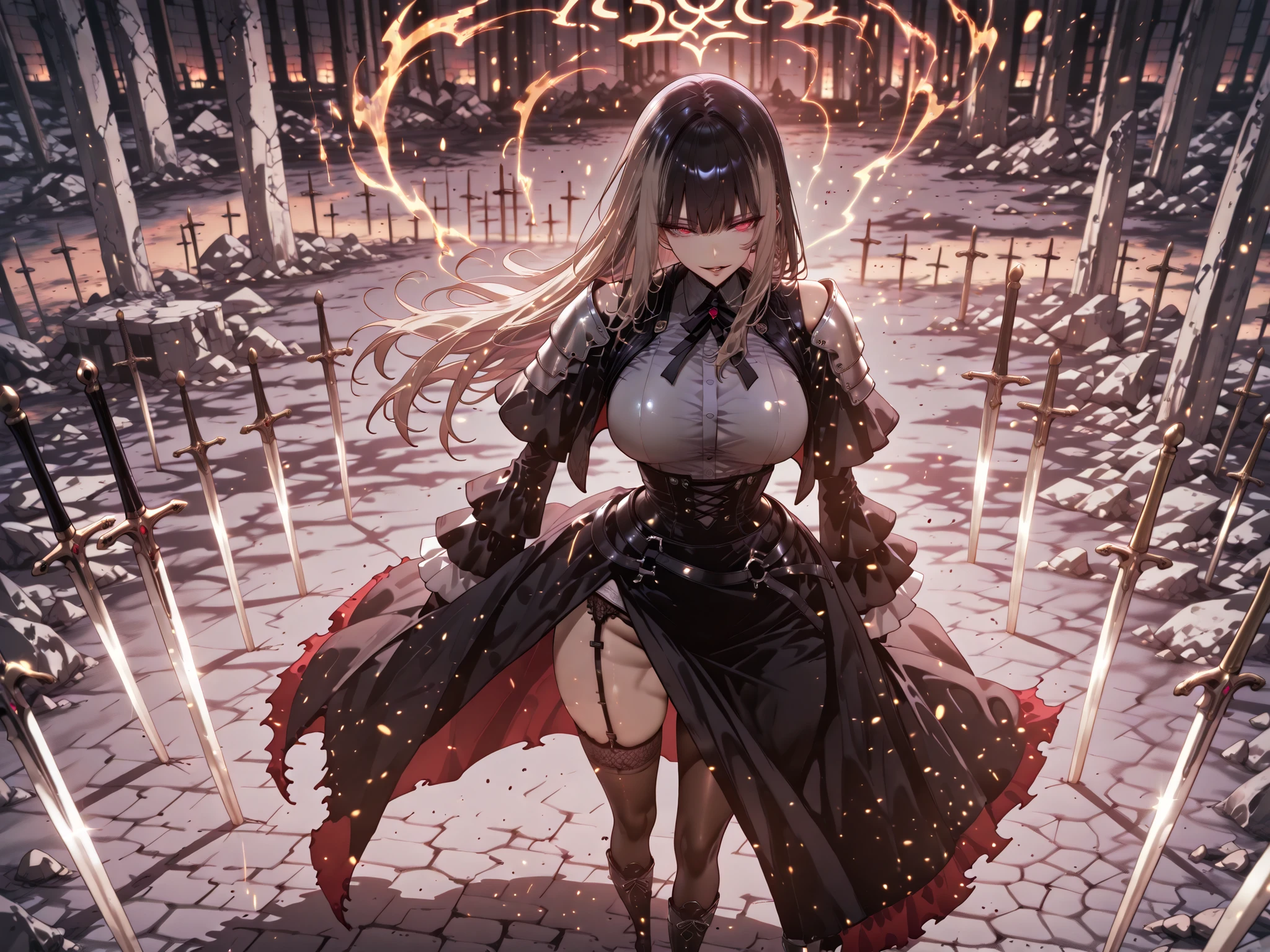 taken from above、Ball of Light、雷magic、caveの中、Ruins、black suit、black longsuit、 black long jacket、ゴスロリなshirt、Depressed、Tall Woman、A woman in her thirties、 Alassah's woman、Steins;Gate、 black longsuit 、score_9, score_8_up, score_7_up, Source_anime,masterpiece、No expression、no makeup、top quality,Beautifully Detailed Eyes, Exquisite Eyes、A sophisticated eye、highly detailed eyes and faces,unmotivated expression、lethargic face、 long breasts, Black Jacketを羽織る、Black Jacket、shirt, big saggy breasts, shockingly big breasts, big breasts,big boobs、boobs 、Zitoida, makeup、no makeup、long hair、smooth straight hair、tall woman、Tall Woman、plump thighs, parted lips、 shining eyes,(Fire Aura Onkown),dungeon内、Crimson Eyes、long hair、dark haired、黒い髪、long straight hair、dungeon、cave、Ruins、solo、soloプレイヤー、Wide ass、beautiful butt、stick your butt into the focus of your butt、long boots、Shoulder Armor、Fearless Laugh、strong、Is confident、Black Tight Skirt、Black Garter Belt、black tights、long tight skirt、Dynamic、Satu、fight、Satu狂、俺だけレベルupな件、arrogant、 Confidence々The smile 、bewitching smile、Sadist、Satu中、hunting、hunting、intimidating、magic使い、magic、magic、、Pearl of Light、Light Ball、左手にmagicの玉、plasma、plasma球、Glowing sphere、Made with Infinite Sword、black tights、Sword in the Sky、Countless swords