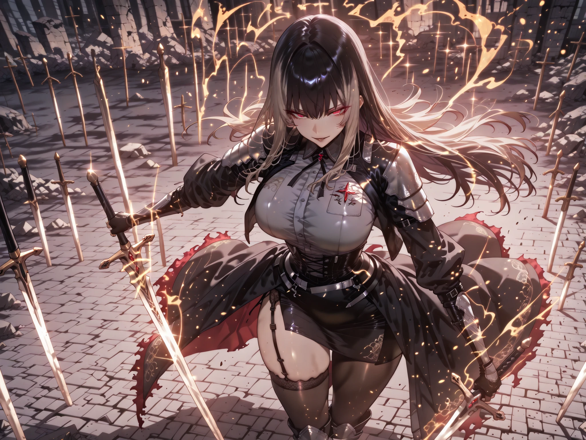 taken from above、Ball of Light、雷magic、caveの中、Ruins、black suit、black longsuit、 black long jacket、ゴスロリなshirt、Depressed、Tall Woman、A woman in her thirties、 Alassah's woman、Steins;Gate、 black longsuit 、score_9, score_8_up, score_7_up, Source_anime,masterpiece、No expression、no makeup、top quality,Beautifully Detailed Eyes, Exquisite Eyes、A sophisticated eye、highly detailed eyes and faces,unmotivated expression、lethargic face、 long breasts, Black Jacketを羽織る、Black Jacket、shirt, big saggy breasts, shockingly big breasts, big breasts,big boobs、boobs 、Zitoida, makeup、no makeup、long hair、smooth straight hair、tall woman、Tall Woman、plump thighs, parted lips、 shining eyes,(Fire Aura Onkown),dungeon内、Crimson Eyes、long hair、dark haired、黒い髪、long straight hair、dungeon、cave、Ruins、solo、soloプレイヤー、Wide ass、beautiful butt、stick your butt into the focus of your butt、long boots、Shoulder Armor、Fearless Laugh、strong、Is confident、Black Tight Skirt、Black Garter Belt、black tights、long tight skirt、Dynamic、Satu、fight、Satu狂、俺だけレベルupな件、arrogant、 Confidence々The smile 、bewitching smile、Sadist、Satu中、hunting、hunting、intimidating、magic使い、magic、magic、、Pearl of Light、Light Ball、左手にmagicの玉、plasma、plasma球、Glowing sphere、Made with Infinite Sword、black tights、Sword in the Sky、Countless swords