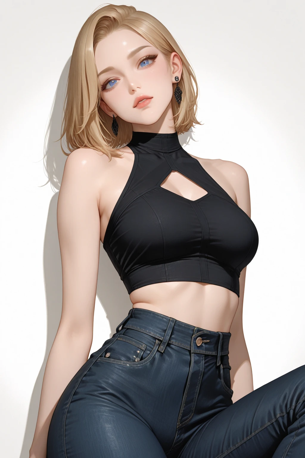 a pretty sexy blonde asian girl with almond eyes and slim body. You can see her entire body and she has everything very well defined. She has moles on her face and piercing. Wear a low-cut black shirt. She has long hair.