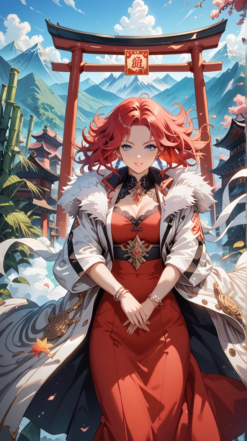 A woman with vibrant red hair and a confident demeanor stands before a backdrop of swirling autumn leaves. Her red hair cascades down her shoulders, catching the sunlight and creating a mesmerizing play of color. She possesses a sense of strength and elegance, as her gaze meets the viewer's with an alluring confidence. Her ample bosom is elegantly portrayed, accentuating her curves in a tasteful and empowering manner. The environment exudes a blend of autumnal warmth and mystery, making her the focal point while celebrating her individuality. This artwork is executed in a detailed illustrative style, capturing the intricate details of her hair, expression, and the surrounding leaves with meticulous precision, --ar 16:9 --v 5