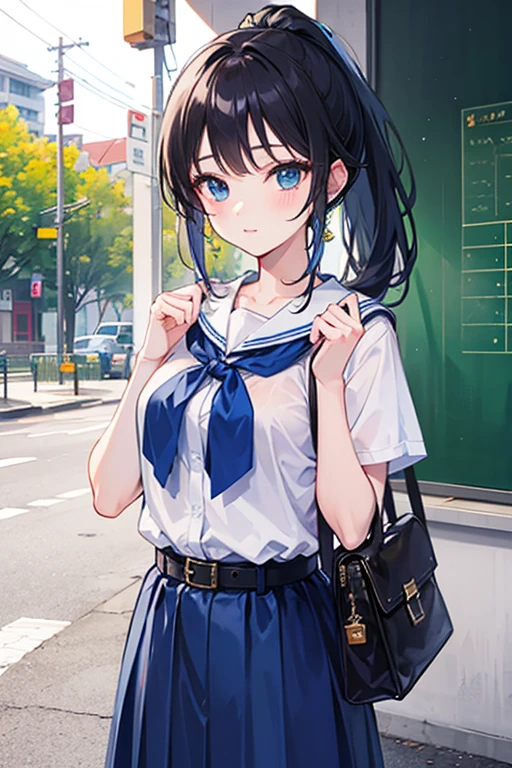 "(perfect masterpiece:1.2), (highest quality:1.2), stunning face, compensate, long and luxurious eyelashes, lip whole, irresistible charisma.",(((mature woman))),(((twin tails))),raised his arms,NSFW,(((Chubby))),((((school uniform))),hair clip,wallpaper,(((black hair))),very long bangs,hair between eyes,((Are fat)),((((Mother)))),lipstick,(),blue skirt,have a school bag,black long socks,smile,((((tanned skin)))),blue eyes,Pants with laces