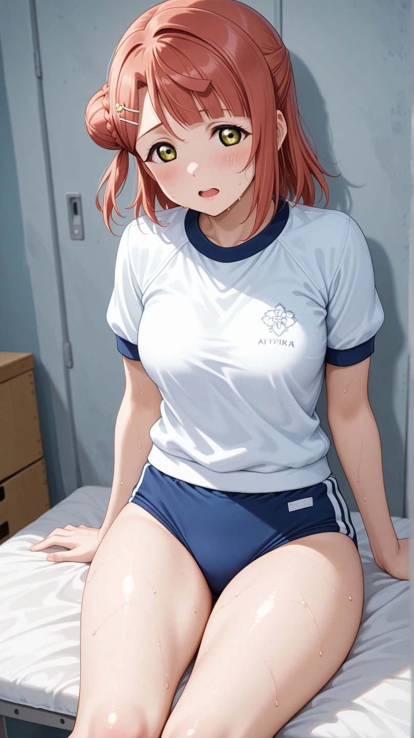 (masterpiece, highest quality:1.2), bazett, FGO, One girl, alone, short hair, Redhead, bangs, Red eyes、blush、Big Breasts,  Earrings, (Navy blue cuffs and white short-sleeved gym uniform)、(Navy Blue Bloomers)、(
barefoot)、Navy blue socks、Big smile、Hotel、sit on bed、(((Legs apart)))