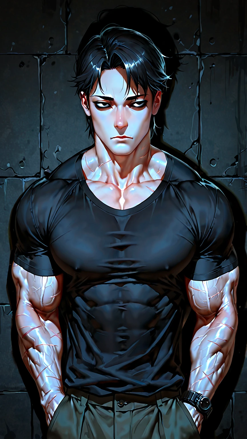 best quality, masterpiece, (realistic: 1.2), 1 man, Eren Jaeger, real life, live action, black jeans, black pants, brown hair, attack on Titan, abs, muscle, shirtless, sunset background, fitness, fit body, slim body, skinny muscles, high definition, high quality, walking, manbun, tied hair, man-bun, loose pants, loose jeans, black jeans