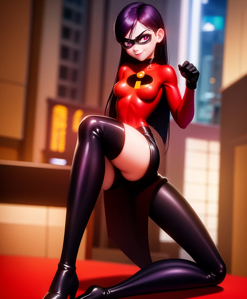 Violet Parr, (eye mask) close up, vagina:1.3, location is superhero lair, long black hair,(purple eyes) , slim, ass, view from front, view from below, red costume with incredibles logo, black thigh high boots, bare breasts:1.4, glamour makeup, retro futuristic, 1950 style, sci-fi, visible breasts, visible nipples:1.4, she is almost naked, ultra detailed, perfect face, perfect skin texture, depth of colour to her eyes, dynamic lighting, volumetric lighting, 8k, visible vagina:1.5, eye mask:1.2