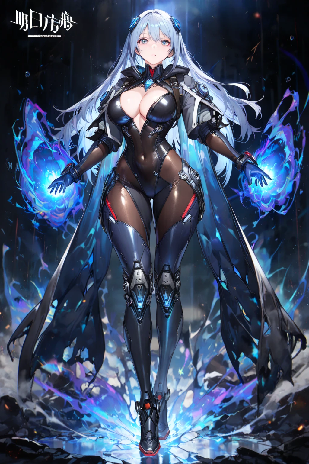 (Best Quality,High resolution,masterpiece:1.2),anime,Portrait,Studio Lighting,Ultra-detailed,Professional,Realist,Blue long hair,Pale skin,Tall and beautiful,Power Suit Exoskeleton,dark blue,space,Spacecraft Hangar, Long legs,Big Breasts,  Oil on canvas, Brush strokes, elegant, 超High resolution, 8k, Unreal Engine 5, Super sharp focus,, ArtJam, Reusch, Hmph, Complex芸術のmasterpiece, Evil, Matte Painting Movie Posters, Golden Ratio, CGSociety Trends, Complex, Spectacular, Art Station Trends, Very detailed, Vibrant, Production Movie Character Rendering, Ultra high quality model