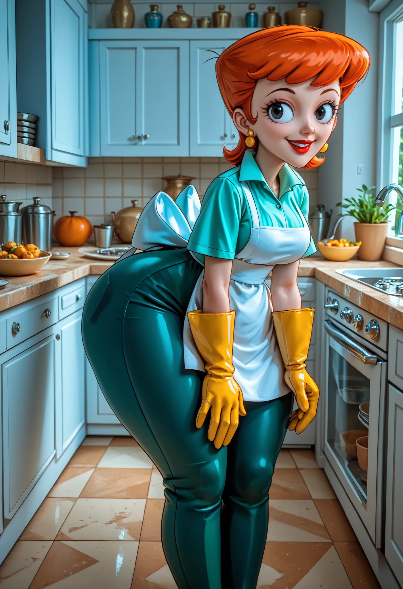 Expressiveh, score_9 , score_8_up , score_8 , (top quality , 8k wallpaper) , (masterpiece , best quality:1 . 2) ((source_anime, anime)), front view and side view, ((dextersmom , woman , 1girl , high quality , hd quality , black eyes , beautiful eyes , beautiful body , beautiful face , aqua shirt , tight green pants , rubber gloves , short orange hair , earrings , wide hips , apron , lipstick , feet , looking at viewer , smiling , standing , kitchen , slichtly bent over , big , big ass , wide hips , thick thighs , iinside cozy bedroom)), solo, medium breasts , narrow waist , wide hips , looking at viewer , highres , high quality ,