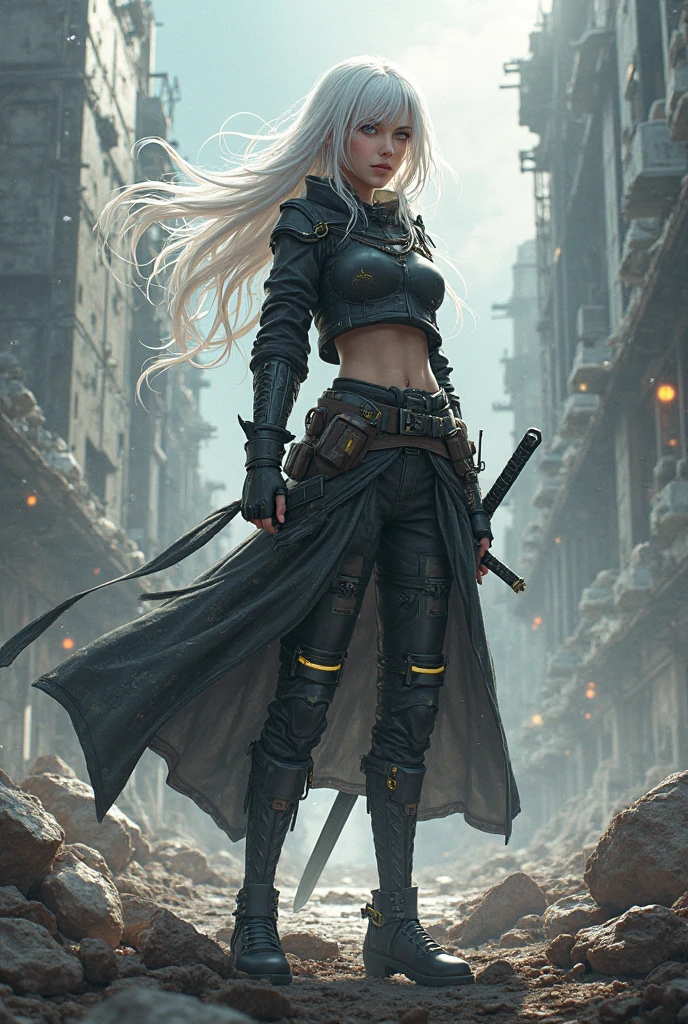 a woman in a post-apocalyptic cyberpunk setting, looking at the ruins of the city that looks like Tokyo, she has long white hair, wears an ammunition belt and has a katana in his hand, all this in pixel art