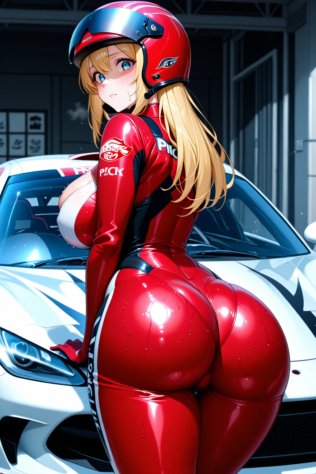 16, girl, long blonde hair, big breasts, seductive stance, smirking, no blush, naughty looking, teasing ,skin tight race car driver outfit covering entire body, on road, stockings 