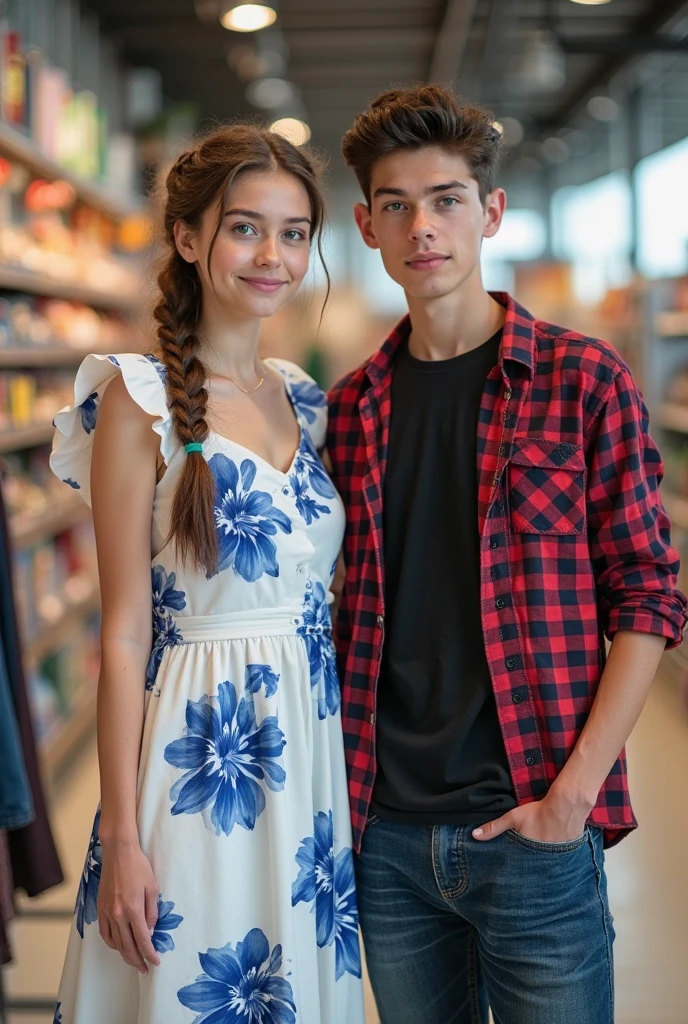 generate a few images of the same blonde blue eyes 19 years old from europe bavarian area with fit body and rolled cheeks wearing floral dress standing next to an older male in the mall