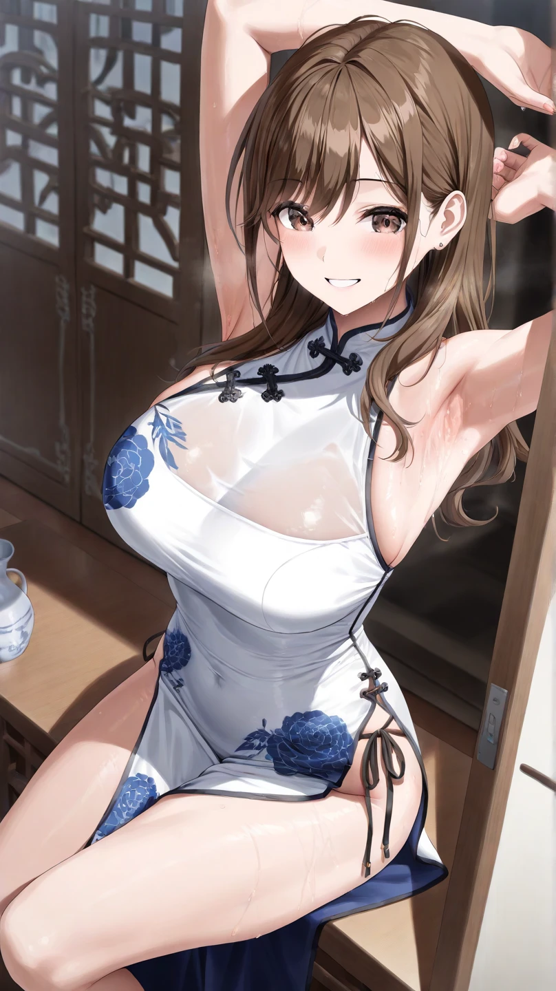 (musterpiece), (best quality), (score_9, score_8_up, score_7_up), very detailed eyes, expressive eyes, perfect face, very detailed face, highly detailed face, beautiful girl, 8K, beautiful girl, (white background:1.3), delicate and beautiful face and eyes, dark intense shadow, 1 girl, solo, vtuber style, cool girl, hololive, vtuber, Inugami Korone, brown hair, dog ears, dog tail, bone hair ornament, low twin braids,, see-through:cheongsam, off the shoulders, Healthy slim body, big chest, soft chest, cleavage, clavicle, cameltoe, half-closed eyes, sleeping, breathing, ass visible through thighs, (whole body), sleeping face, lying on back, lying on bed, arm up, arm on forehead, armpit, look up, light smile, one knee up, from below, pov chest,