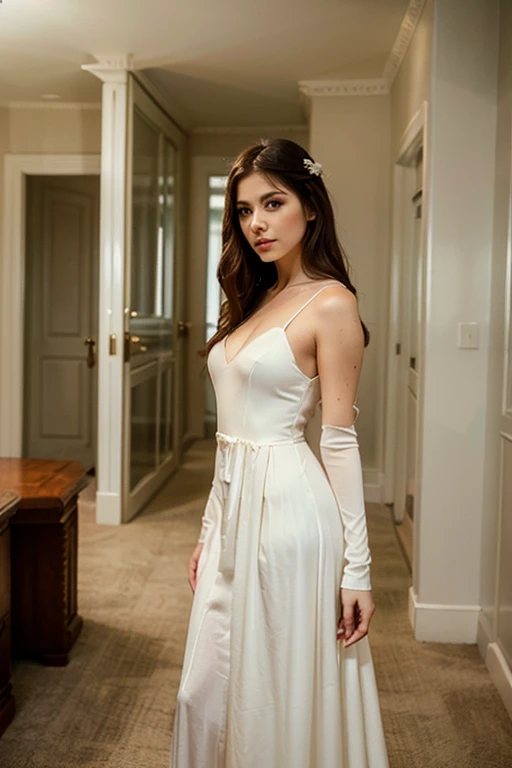 RAW, analogique, Nikon Z 85mm,((Best quality)), ((Masterpiece)), ((Realstic)),image vintage, magnifique femme sicilienne, 18 ans, posant dans un bureau en robe de mariée, jambes croisées, au travail, ((bride gown)), Grand sourire avec des dents visibles, (Rousseur:0.6), Intricate details, highly detailed, mise au point nette, professionnel, 4K, Rayons divins, mains dans le dos, Superbes yeux bleus, petite, high resolucion, Detailed facial features, High detail, mise au point nette, lisse, Extremely detailed, photo_\(ultra\), photoreallistic, bas, Realstic, Post-traitement, max detail, roughness, real life, ultra realist, photorealism, 8K UHD, SEMI-SILHOUETTE light, Visage italien. Moyenne poitrine, Sinueuse, Chiffre de sablier, pose debout, haut femme with decolté, with bride gown, long gown, ((satin )), habillée tout en blanc, all white