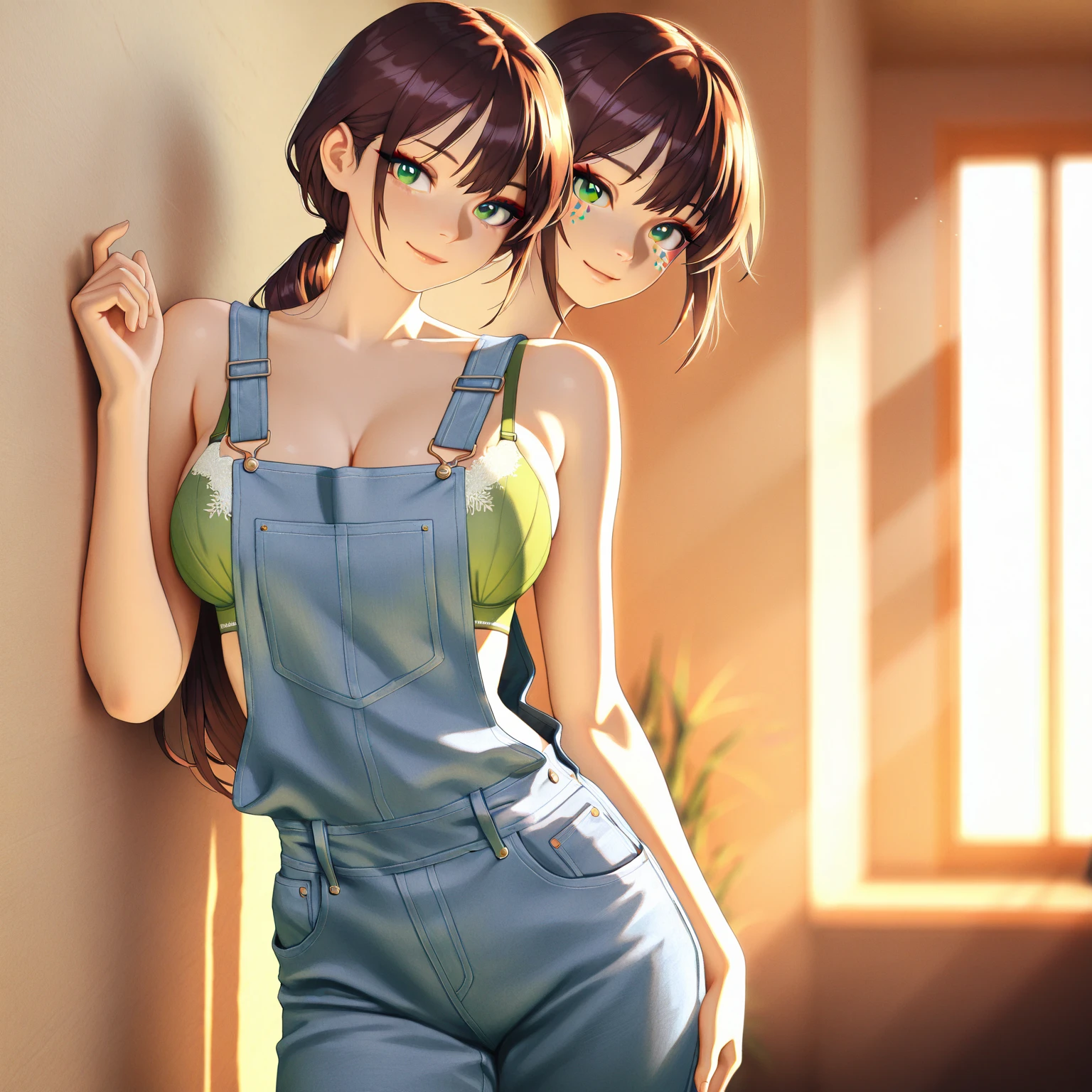  
(((One woman))), (natural redhead), honey yellow eyes, by the wide, small braids, bright smile, detailed eyes, chest a little big, detailed body, beautiful body, detailed clothing, black overalls skirt with white blouse, head on, hands back leaning forward, flirtatious look, standing in the entrance of a house with the door open.