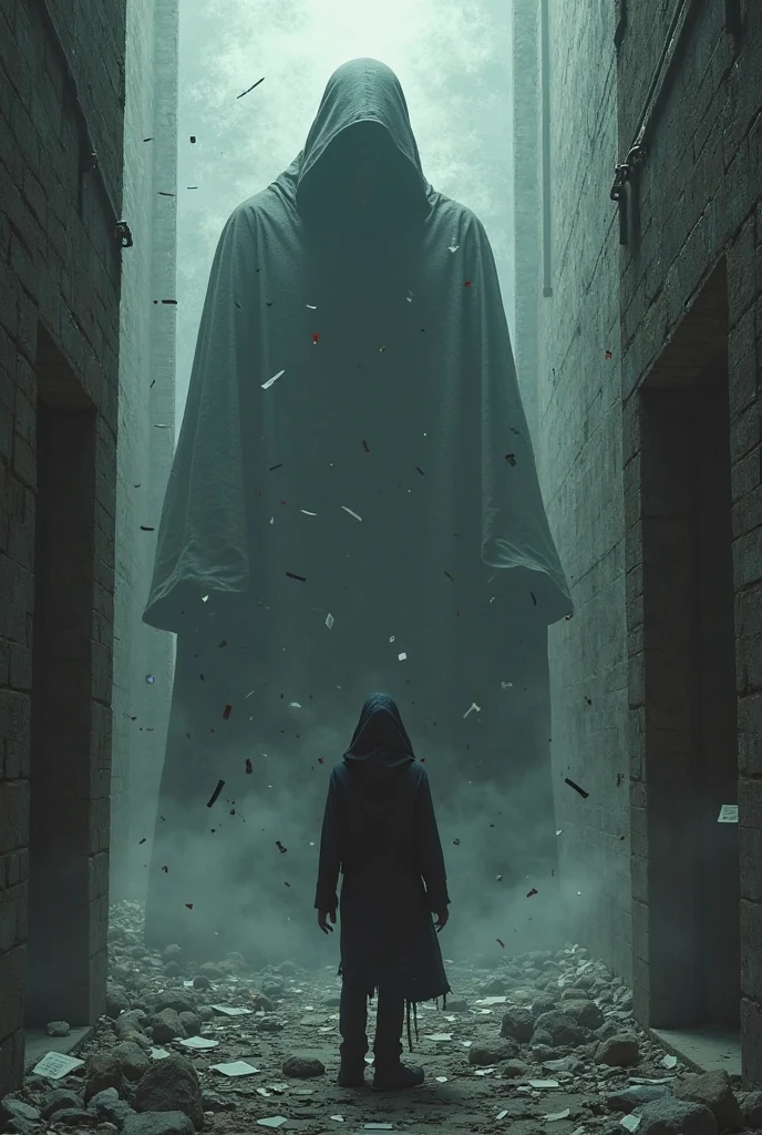 A ghost between 2 building and has a single red lighting at the background