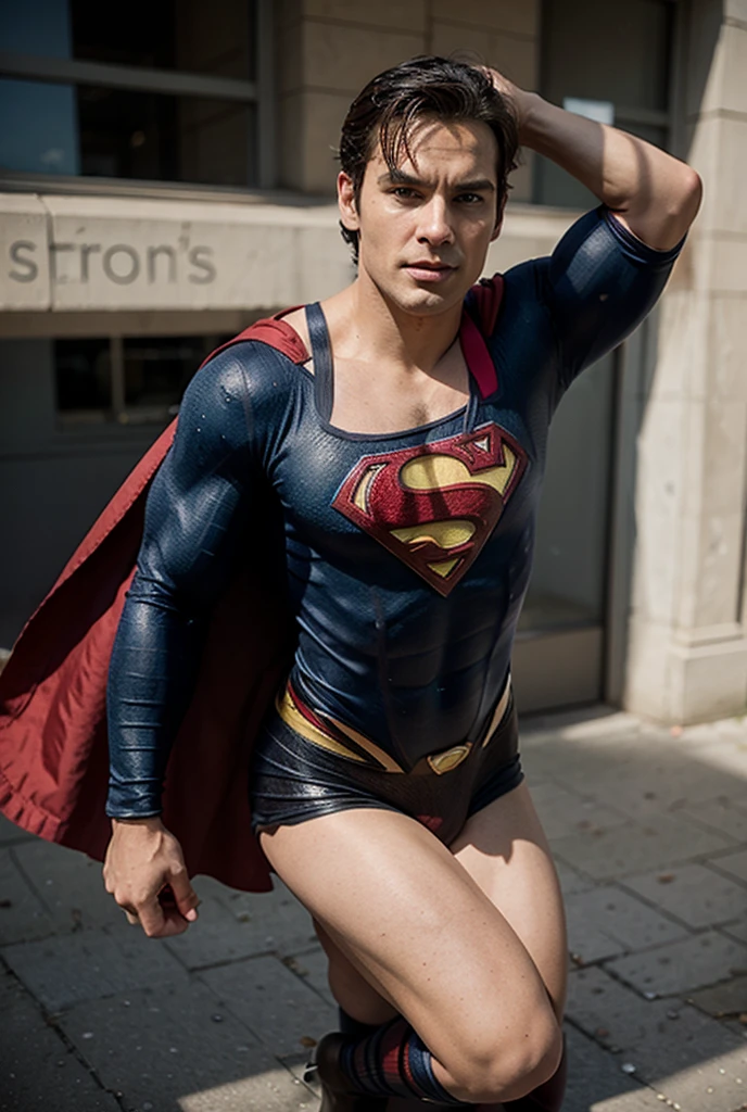 (muscular cute beautiful young boy), huge strong biceps volume, huge firm breasts volume, enormous tits volume, muscular strong legs, exposed abs skin, mountains background, tight superhero leather blue underwear and cape, wavy hair, huge cock bulge