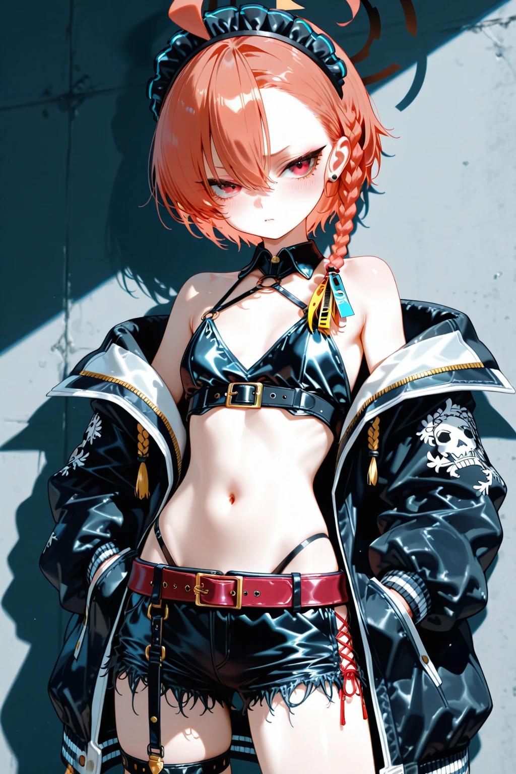 masterpiece, best quality, highres, 1girl, split-color hair, hair over one eye, red hair, multicolored hair, long hair, purple eyes, two-tone hair, hair rings, headphones, white hair, black ribbon, bangs, very long hair, medium breasts, long sleeeves, open jacket, <lora:uta_v1:0.7>, bikini