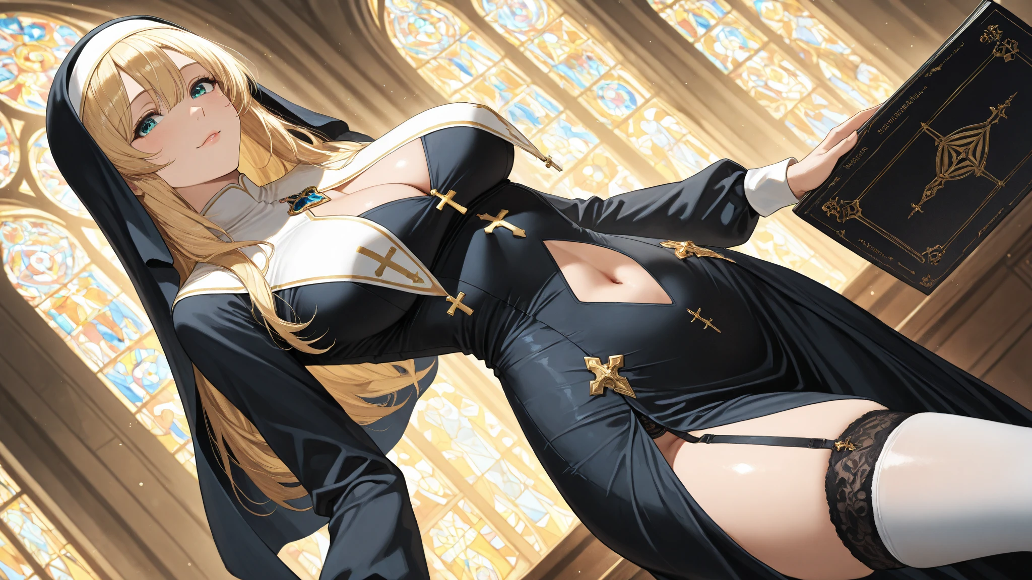 (high quality, 8k, 4K, high contrast, artwork:1.2, high quality, best aesthetics), (dynamic angle), ((1 woman)), erotic, sensual, mature body, super detailed, beautiful face detailed, beautiful eyes detailed, detailed beautiful mouth, perfect breasts, wide thighs, sexy body, blonde hair, long hair, long straight hair, long bangs, blue eyes, sparkle in the eyes, long eyelashes, nun, nun clothes, calm expression, innocent, shy, church.
