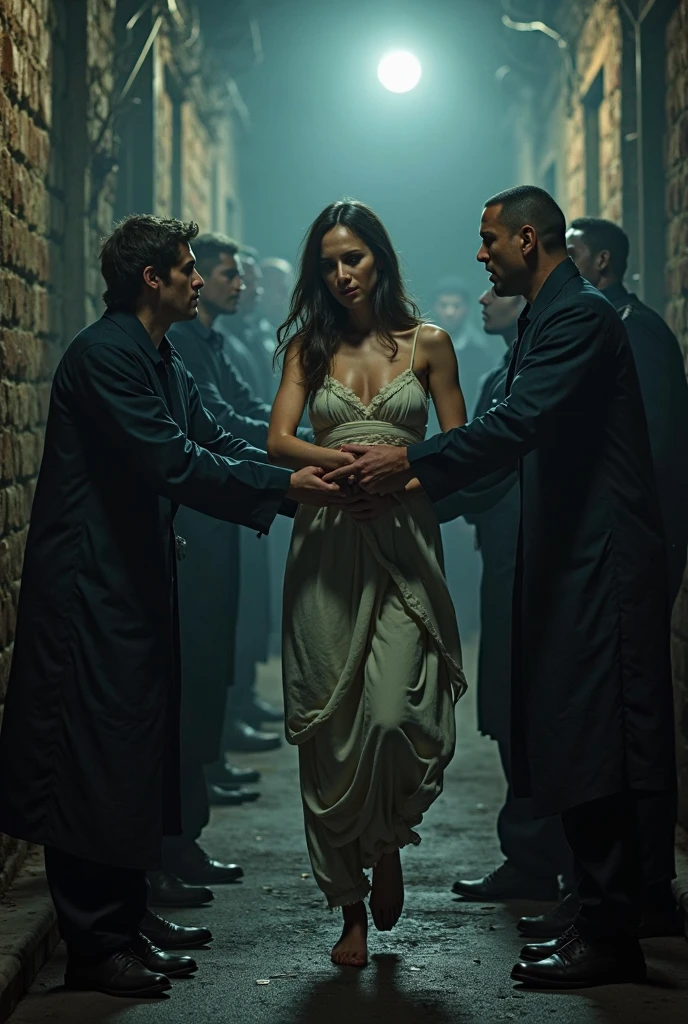 a proud woman in an elegant designer dress, surrounded by men, a whip, with a rope around her neck, her hands and feet tied to a beam, struggling and angry expression, extremely detailed face, hands, and legs, dark dramatic lighting, oil painting style, cinematic composition, moody colors, chiaroscuro lighting, photorealistic, 4k, best quality, ultra-detailed