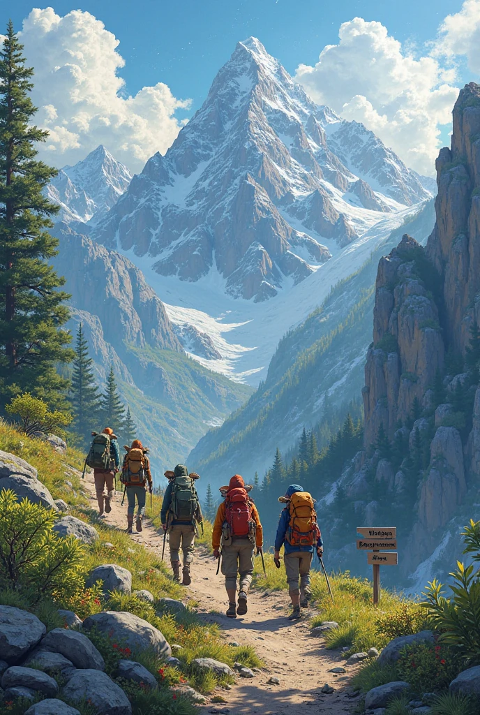 four people beginning to hike a mountain use the same image background from the earlier input