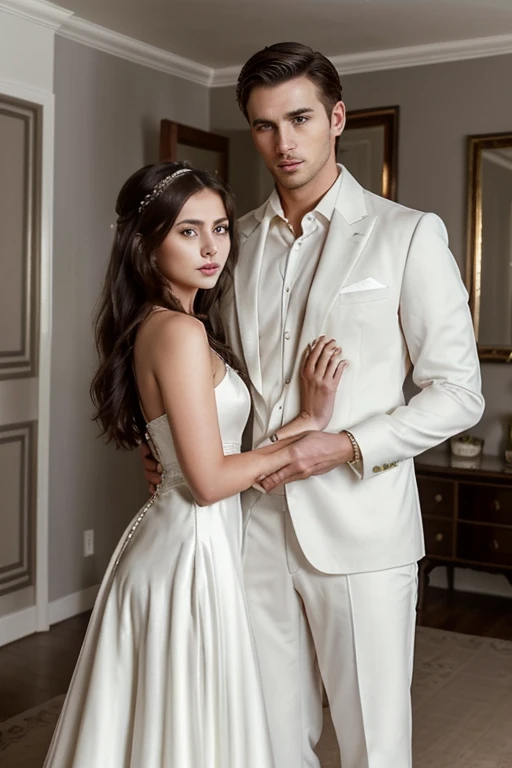 straight_couple hugging, a woman wearing a white dress, busty, cleavage, sexy, a man wearing a black suit, masterpiece, realistic,<lora:StraightCoupleV1_1000:0.8>