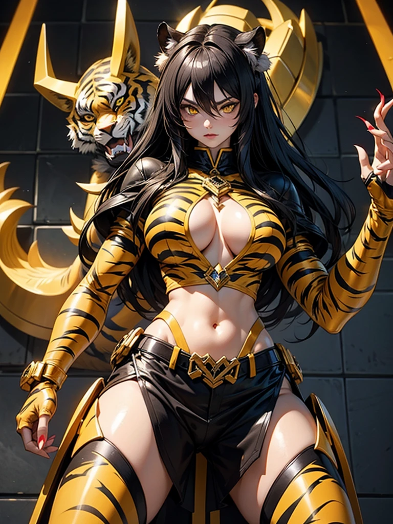 最high quality、high quality、best image quality、8K、最High resolution、High resolution、最high quality、masterpiece、RAW photo、whole photo、great atmosphere、(detailed face)、(fine hands、thumb1reference4)、(beauty of japan )、very nice face、beautiful face、((beautiful japanese girl))、(japanese woman), ((18 year old beautiful girl))、(glossy black hair)、(long straight hair)、(ponytail)、slim style、shiny skin、fair skin、beautiful skin、whole body、(Head-to-toe depiction)、realistic human skin、realistic human body structure、perfect body, perfect face, perfect hands, perfect fingers, perfect lips, perfect eyes,perfect teeth、perfect background round, soft natural light、Interior of a medieval European-style Western-style building、Interior decorated with artwork from the 1690s、 Interior of a 1600s mansion、Classic Bedroom、complex room、Classic interior、(metal that reflects light)、(mirror metal)、(mirror painted metal)、((mirror metallic(metal tiger armor))、((mirror metallic(metal tiger helm))