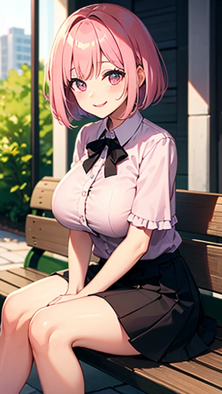 masterpiece, Highest quality, High resolution,(throw_hand grabbing chest),,One girl, One boy,Age difference,bow tie,Blonde,chest,Long Hair,Pink Hair,pleated skirt,Tucked in shirt,short hair,skirt,smile,Tent shirt,amusement_garden,breasts grab