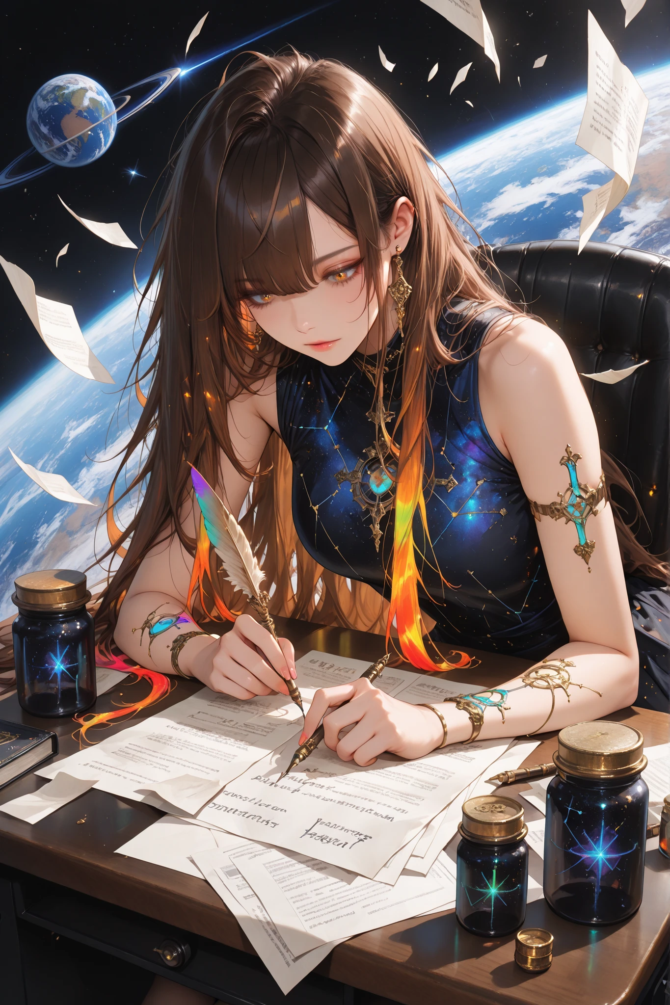 masterpiece, best quality, very aesthetically pleasing, high contrast, newest, sfw, 1 divinely beautiful dragon woman, looking down, close up of a ethereal girl, upper body, portrait, colorful splash effect, gold runes, magic runes, one brown eye, one silver eye, colorful eyes, ((space, earth below, asteroids)), glowing eyes, ((sitting on chair, desk, writing on parchment, holding quill, ink jar on desk)), messy hair, brown hair, long bangs, swept bangs, stark hair, glowing hair, very long hair, colorful highlights, ornate dress, sleeveless, (golden fractures on skin), upper body, long hair, dress with constellation trimmings, modest dress, sleeveless, floating in space, ((floating papers, stacks of papers, dutiful secretary)), dynamic illustration, dramatic lighting, colorful splash effect, dynamic pose, dynamic angle, dynamic composition, The next level is sophistication and refinement, super detailed, more texture